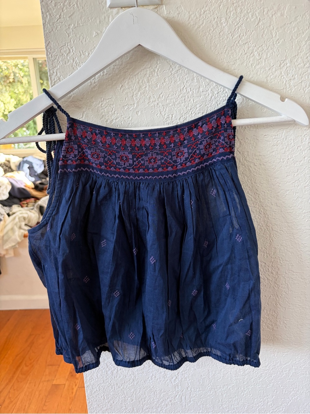 Free People Navy Embroidered Smocked Camisole with Red Accent